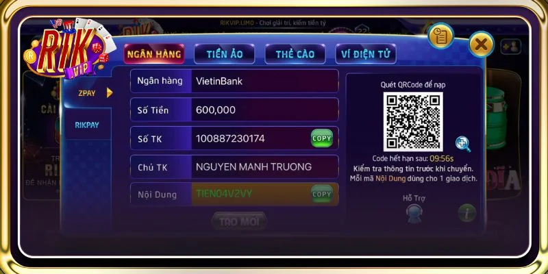 Chi tiết từng bước nạp tiền RIKVIP dành cho newbie